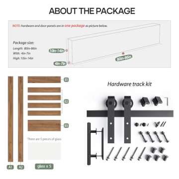FREDBECK 34 x 84 inch Glass Barn Door with 6FT Barn Door Hardware Kit Included,5-Panel Frosted Glass, Water-Proof Surface,Pre-Drilled Holes,Need Assembly,Fit 31in-32in Opening