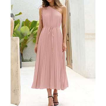 BTFBM Women's Drawstring One Shoulder Maxi Dresses Summer Sleeveless Tie Waist Pleated Long Flowy Pa...