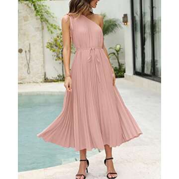 BTFBM Women's Drawstring One Shoulder Maxi Dresses Summer Sleeveless Tie Waist Pleated Long Flowy Party Cocktail Dress(Solid Pink, Large)