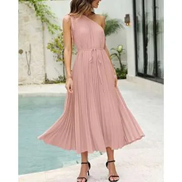 BTFBM Women's Drawstring One Shoulder Maxi Dresses Summer Sleeveless Tie Waist Pleated Long Flowy Party Cocktail Dress(Solid Pink, Large)