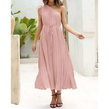BTFBM Women's Drawstring One Shoulder Maxi Dresses Summer Sleeveless Tie Waist Pleated Long Flowy Party Cocktail Dress(Solid Pink, Large)