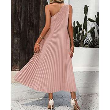 BTFBM Women's Drawstring One Shoulder Maxi Dresses Summer Sleeveless Tie Waist Pleated Long Flowy Party Cocktail Dress(Solid Pink, Large)