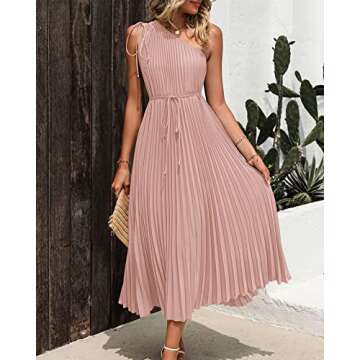 BTFBM Women's Drawstring One Shoulder Maxi Dresses Summer Sleeveless Tie Waist Pleated Long Flowy Party Cocktail Dress(Solid Pink, Large)