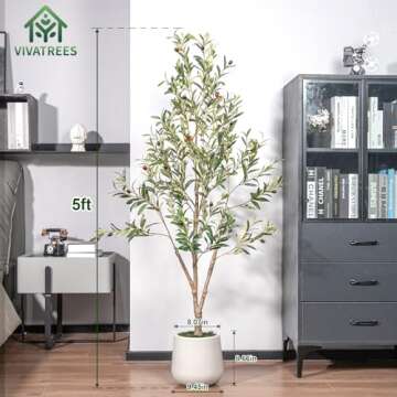VIVATREES Olive Trees Artificial Indoor, 5FT Tall Faux Olive Tree with White Tall Planter, Artificia...