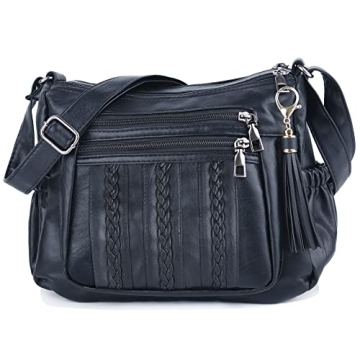 ELDA Women's Soft PU Leather Crossbody Purse - Multi Pocket Design (Black)