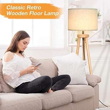 Birsppy Tripod Floor Lamp, Modern Standing Lamp, Mid Century Wood Tall Lamp, Corner Floor Lamp for Living Room, Bedroom, Study Room and Office, Bright Reading Light with Flaxen Lamp Shade and Bulb