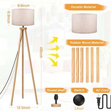 Birsppy Tripod Floor Lamp, Modern Standing Lamp, Mid Century Wood Tall Lamp, Corner Floor Lamp for Living Room, Bedroom, Study Room and Office, Bright Reading Light with Flaxen Lamp Shade and Bulb
