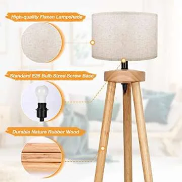 Birsppy Tripod Floor Lamp, Modern Standing Lamp, Mid Century Wood Tall Lamp, Corner Floor Lamp for Living Room, Bedroom, Study Room and Office, Bright Reading Light with Flaxen Lamp Shade and Bulb