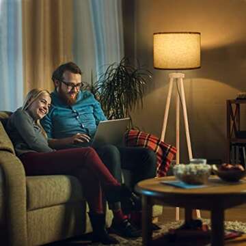 Birsppy Tripod Floor Lamp, Modern Standing Lamp, Mid Century Wood Tall Lamp, Corner Floor Lamp for Living Room, Bedroom, Study Room and Office, Bright Reading Light with Flaxen Lamp Shade and Bulb