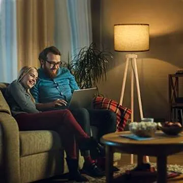 Birsppy Tripod Floor Lamp, Modern Standing Lamp, Mid Century Wood Tall Lamp, Corner Floor Lamp for Living Room, Bedroom, Study Room and Office, Bright Reading Light with Flaxen Lamp Shade and Bulb