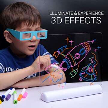 TOTOMIO 3D LED Drawing Board for Kids with 3D Glasses 9 Coloring Sheets 8 Color Pens - Erasable Transparent Tracing Pad Painting & Doodling Tablet for Educational & Entertainment of Toddlers 3-12 Year
