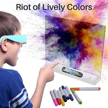 TOTOMIO 3D LED Drawing Board for Kids with 3D Glasses 9 Coloring Sheets 8 Color Pens - Erasable Transparent Tracing Pad Painting & Doodling Tablet for Educational & Entertainment of Toddlers 3-12 Year