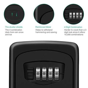 Key Storage Lock Box with 4 - Digit Combination, Wall Mounted Key Safe Lock Box, Zinc Alloy Key Storage Box with Resettable Code, 5 Key Capacity, Black