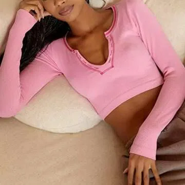 Women Long Sleeve Crop Tops Tee Shirts Solid Color Vintage V Neck T-Shirt Streetwear(BK1-Pink,M)