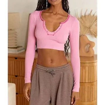 Women Long Sleeve Crop Tops Tee Shirts Solid Color Vintage V Neck T-Shirt Streetwear(BK1-Pink,M)
