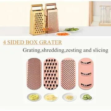 TEAHAHA 4 Sides Box Grater For Kitchen,Stainless Steel Cheese Grater With Handle,Multi-Function Vegetable Slicer Food Shredder For Chees,Ginger,Vegetables,Dishwasher Safe, Gold