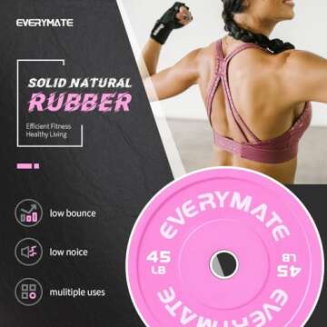 EVERYMATE Pink Weight Plates 45LB-1 Pack Olympic Bumper Plates Grip Weight Plates for Strength Training & Crossfit Steel Inserts Weight Plates Fit 2" Barbells Virgin Rubber Weights