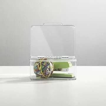 mDesign Small Plastic Home Office Storage Organizer Box Containers w/Hinged Lid for Desktops - Holds Pens, Pencils, Sticky Notes, Highlighters, Staples, Supplies - Lumiere Collection, Clear