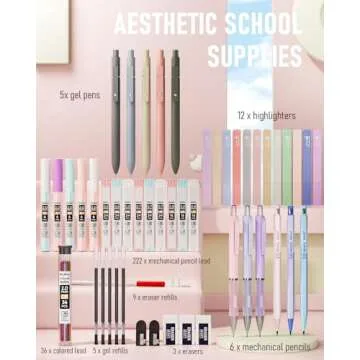Nicpro 50 PCS Aesthetic School Supplies with Pen Case, 5 Quick Dry Retractable Black Ink Pens, 12 Pastel Highlighters, 6 Pastel Mechanical Pencil Set 0.5 & 0.7 & 0.9 & 2.0 mm for Students Stationary