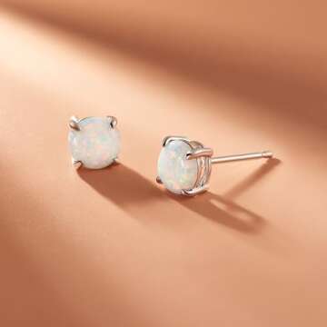 Amazon Essentials Sterling Silver Round Created Opal Birthstone Stud Earrings (October) (previously Amazon Collection)