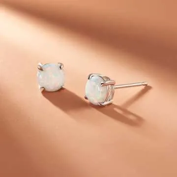 Amazon Essentials Sterling Silver Round Created Opal Birthstone Stud Earrings (October) (previously Amazon Collection)