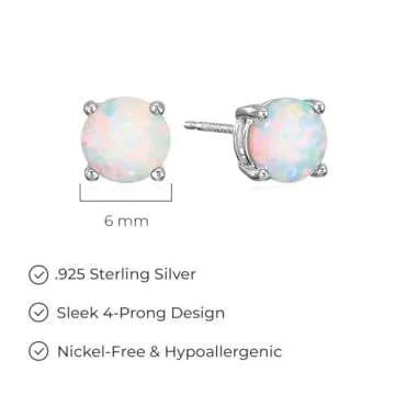 Amazon Essentials Sterling Silver Round Created Opal Birthstone Stud Earrings (October) (previously Amazon Collection)
