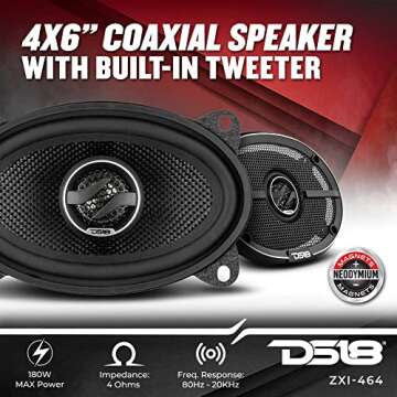 DS18 ZXI-464 4x6 2-Way Coaxial Car Audio Speakers withFiber Glass Cone 180 Watts 4-Ohm (2 Speakers)