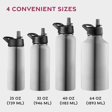 FineDine Triple Walled, Insulated Water Bottles with Straw - 25 Oz Stainless Steel Metal Bottle W/ 3 Leak Proof Lids - For Travel, School, Sports, Gym / Men, Women & Kids - Brushed Stainless Steel
