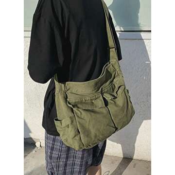 Women Men Canvas Messenger Bag Large Tote with Pockets