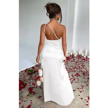 One Shoulder Satin High Split White Maxi Dress