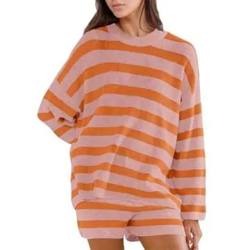 Sweater Sets Women 2 Piece Outfits Oversize Loungewear Set Winter 2025 Retro Striped Color Block Matching Pajama Set Shorts Loose Workout Casual Rib Knit Long Sleeve Crew Neck Sweater Tops and Shorts