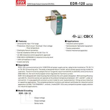 MEAN WELL EDR-120-24 Single Output DIN Rail Power Supply 24V 5 Amp 120W