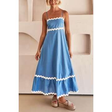 Women Boho RIC Rac Trim Floral Dress - Y2K Chic Spaghetti Strap Maxi Beach Dress