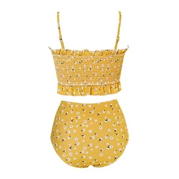 MOOSLOVER Women's Shirred Bandeau Bikini Top High Waisted Bottom 2 Piece Swimsuits Bikini Set(S,Yellow)