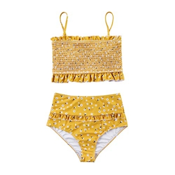 MOOSLOVER Women's Shirred Bandeau Bikini Top High Waisted Bottom 2 Piece Swimsuits Bikini Set(S,Yellow)