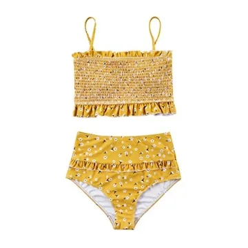 MOOSLOVER Women's Shirred Bandeau Bikini Top High Waisted Bottom 2 Piece Swimsuits Bikini Set(S,Yellow)