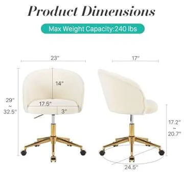 KCC Faux Fur Office Desk Chair, Comfy Fluffy Swivel Modern Leisure Armchair with Wheels, Upholstered Comfy Fuzzy Vanity Makeup Chair Height Adjustable for Teens Women Girls Elegant Home Office