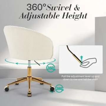 KCC Faux Fur Office Desk Chair, Comfy Fluffy Swivel Modern Leisure Armchair with Wheels, Upholstered Comfy Fuzzy Vanity Makeup Chair Height Adjustable for Teens Women Girls Elegant Home Office