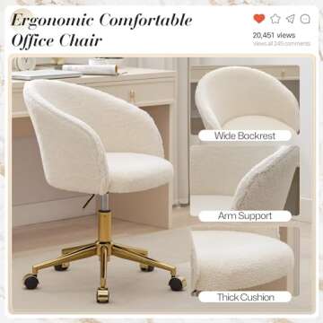 KCC Faux Fur Office Desk Chair, Comfy Fluffy Swivel Modern Leisure Armchair with Wheels, Upholstered Comfy Fuzzy Vanity Makeup Chair Height Adjustable for Teens Women Girls Elegant Home Office