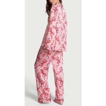 Satin Silk Valentine's Day Pajamas Set for Women Cute Bow Pjs Button Up Shirt+Pants 2 Piece Valentin...