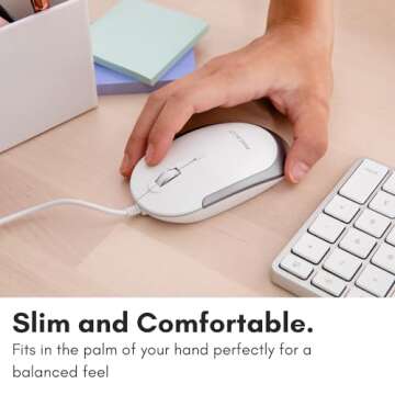 Macally Silent Wired Mouse - Slim & Compact USB Mouse for Apple Mac or Windows PC Laptop/Desktop - Designed with Optical Sensor & DPI Switch - Simple & Comfortable Wired Computer Mouse (White)
