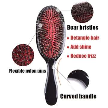 Boar Bristle Hair Brush Paddle Detangling Brush for Curly Fine Wavy Natural Tangled Hair, Anti-frizz...