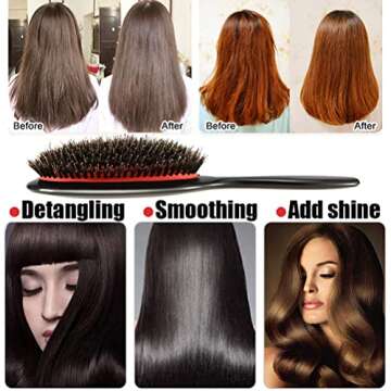 Boar Bristle Hair Brush Paddle Detangling Brush for Curly Fine Wavy Natural Tangled Hair, Anti-frizz Styling Hairbrush Comb for Women and Men, Boar Nylon Bristle Cushioned Brush