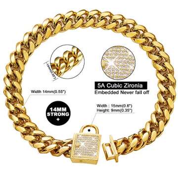 ToBeTrendy Cuban Link Dog Collar Designer Gold Chain Collar with Zirconia Locking 14mm Metal Puppy C...