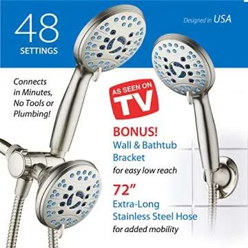 Hotel Spa AquaCare As-Seen-On-TV High Pressure 48-setting Rain & Handheld 3-way Shower Head Combo - Anti-clog Nozzles/Tub, Tile & Pet Power Wash/Extra Long 6 ft. Hose/All Chrome Finish