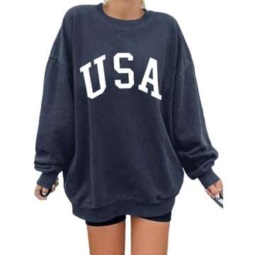 Langwyqu Women's USA Letter Print Oversized Crewneck Strapless Casual Pullover Tops
