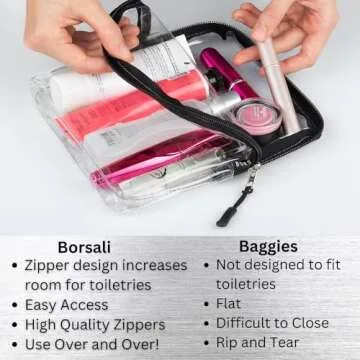 BORSALI TSA Quart Size Bag Approved for Carry On Travel - One (1) Quart Clear Toiletries, Cosmetic and 3-1-1 Liquids Toiletry Bag