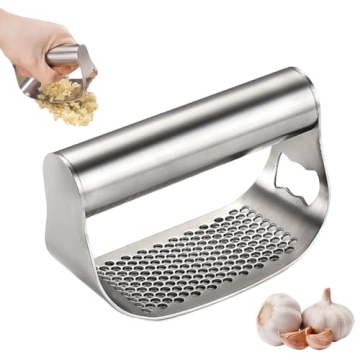 Stainless Steel Garlic Presser with Peeler & Brush - 2024 Rocker Mincer for Easy Garlic Prep