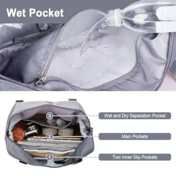 WOOMADA Foldable Travel Duffel Bag, Weekender Bags for Women, Tote Bag with Expandable Space, Carry on bags for airplanes with Wet Pocket & Trolley Sleeve, Gym Bag for Women, Lightweight (smoky grey)
