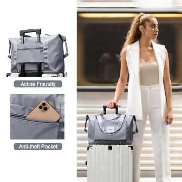 WOOMADA Foldable Travel Duffel Bag, Weekender Bags for Women, Tote Bag with Expandable Space, Carry on bags for airplanes with Wet Pocket & Trolley Sleeve, Gym Bag for Women, Lightweight (smoky grey)